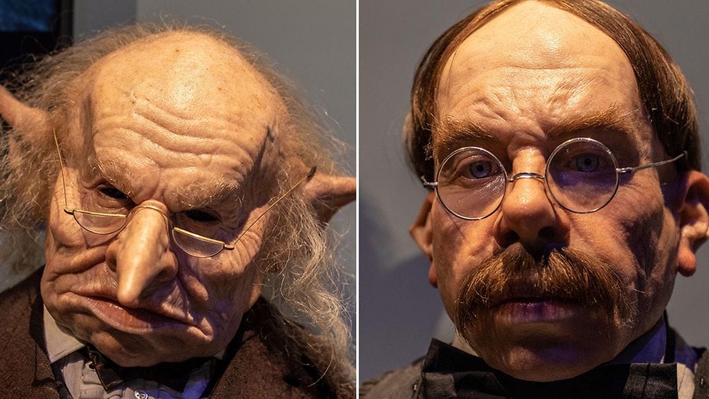 Warwick Davis näytteli Harry Potter -elokuvissa sekä velhopankki Irvetassa työskentelevää Lujahaka-maahista (vas.) ja Tylypahkan loitsujen opettajaa Filius Lipetitiä. Kuvassa elokuvissa käytetyt proteesit.