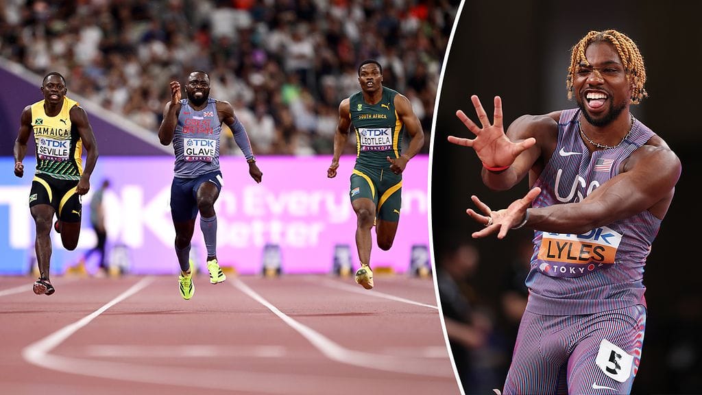 Miesten 100 metrin maailmanmestaruudesta juostaan sunnuntaina. Noah Lylesilla (oik.) on uusia haastajia.