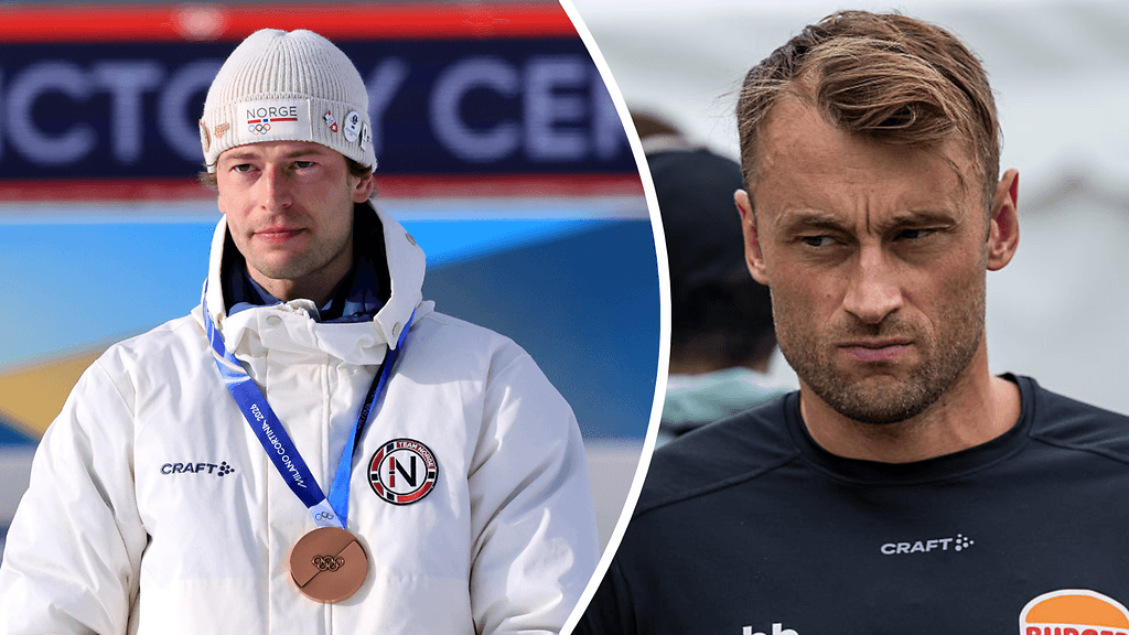 Petter Northug (oikealla) ei tuntunut arvostavan sitä, että Sturla Holm Lägreid varasti puheillaan huomion maajoukkuekaverin olympiavoitolta.
