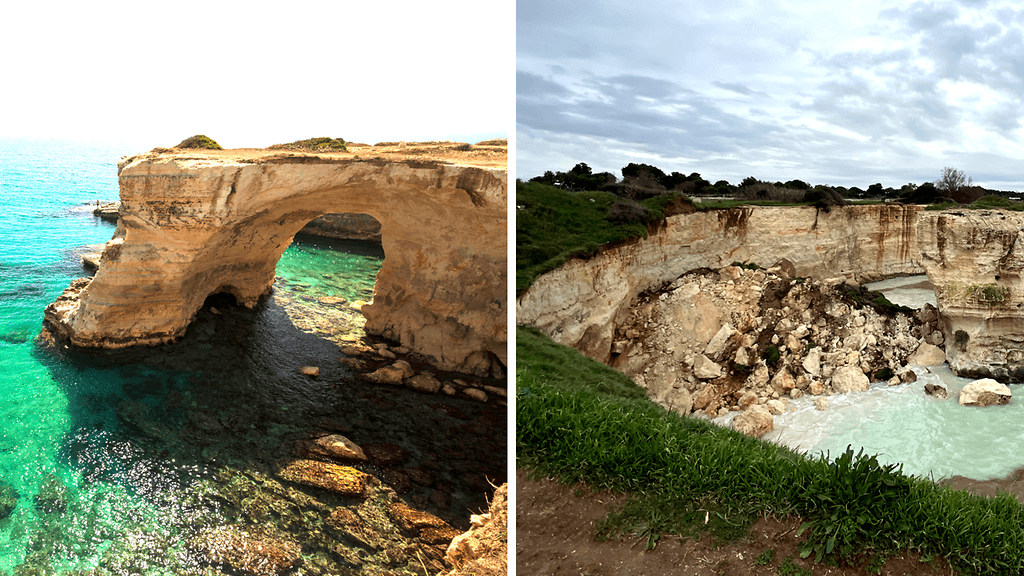 "Rakastavaisten kaari" eli Faraglioni di Sant'Andrean luonnonkivimuodostelma Italiassa ennen ja jälkeen romahduksen.