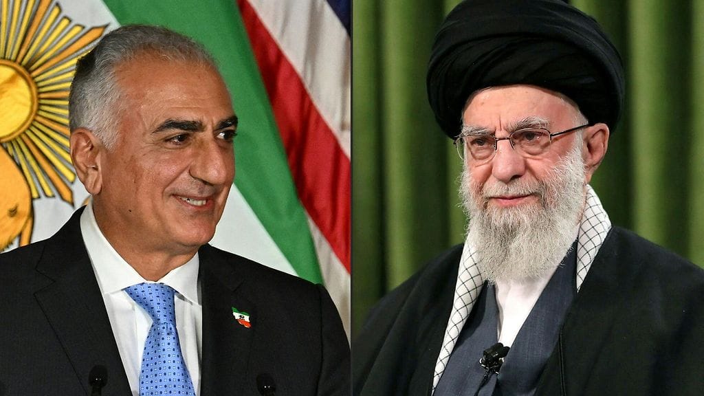 Aktivisti, Iranin viimeisen shaahin poika Reza Pahlavi ja oikealla Iran-iskuissa kuollut ajatollah Ali Khamenei.