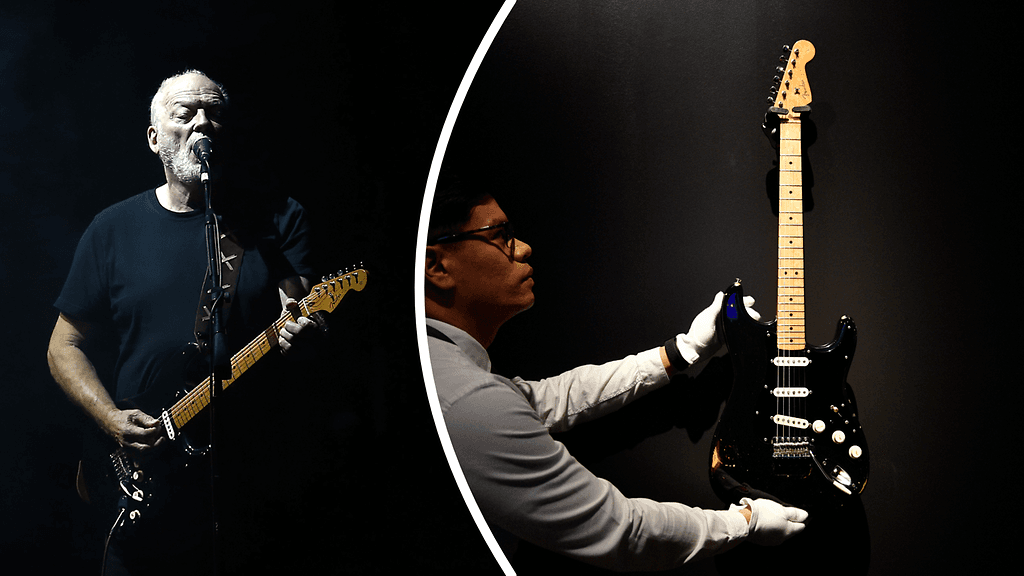 Vasemmalla: Gilmour esiintymässä rakkaan "Black Strat"-kitaransa kanssa Chilessä vuonna 2015. Oikealla: Näytteilleasettajan kädessä samainen kitara vuonna 2019 huutokaupassa.