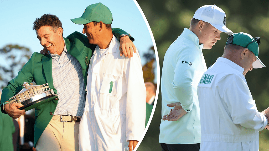 Rory McIlroy (vas.) pääsi juhlimaan toista peräkkäistä Masters-voittoa caddiensa Harry Diamondin kanssa. Sami Välimäen Augusta-debyytti oli alakuloinen.